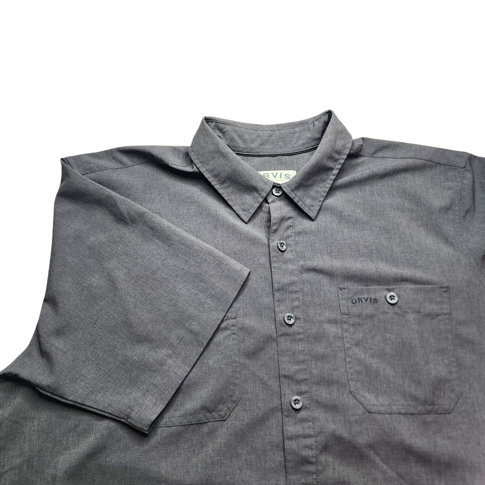 Orvis Mens Large Gray Short‎ Sleeve Button Up Shirt Classic Collection Polyester